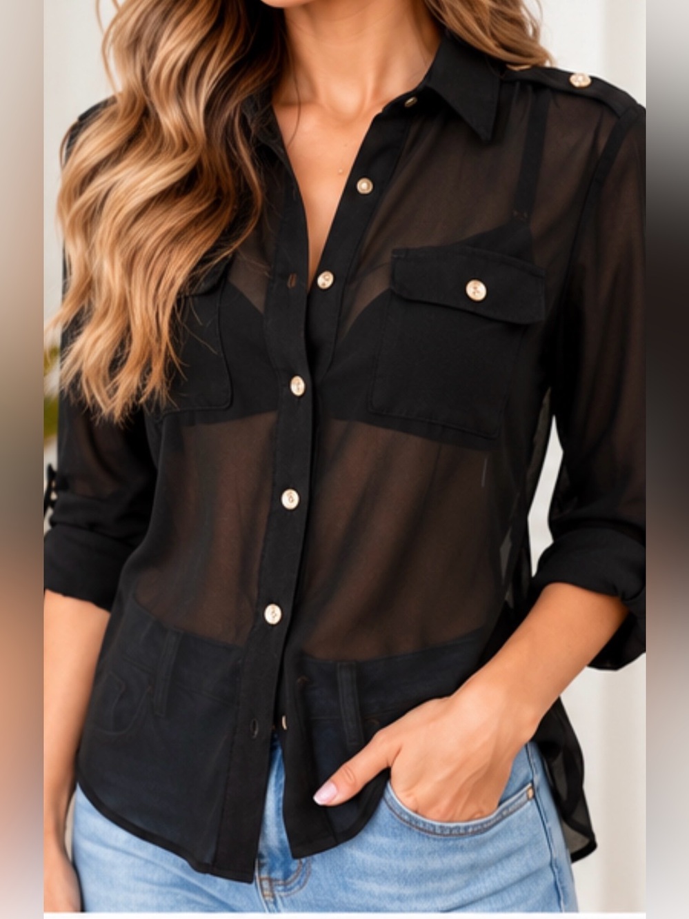 LA CLASS Black Sheer Button Down Blouse Women’s Size Large